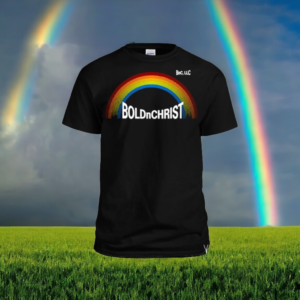 black t-shirt on a rainbow background