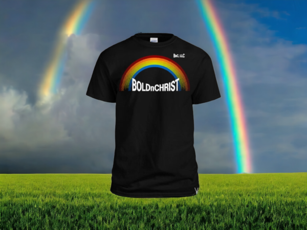 black t-shirt on a rainbow background